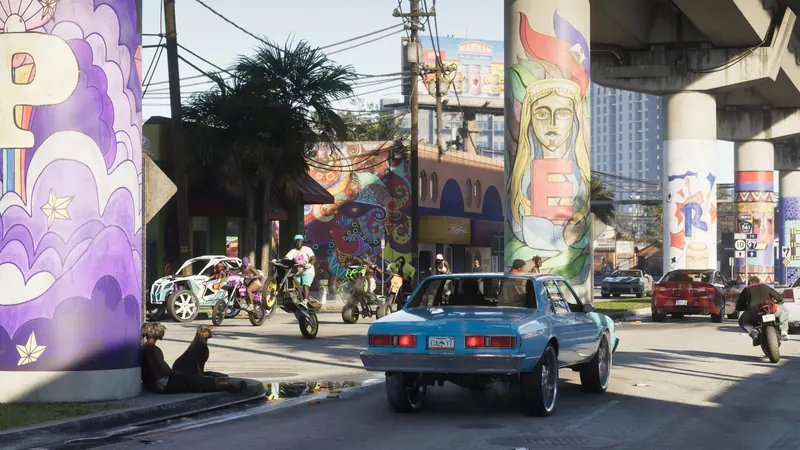 A busy Vice City street with a Haitian flag mural and a Manman billboard